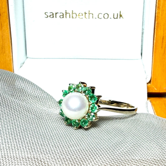 Real cultured pearl and real emerald yellow gold round cluster ring