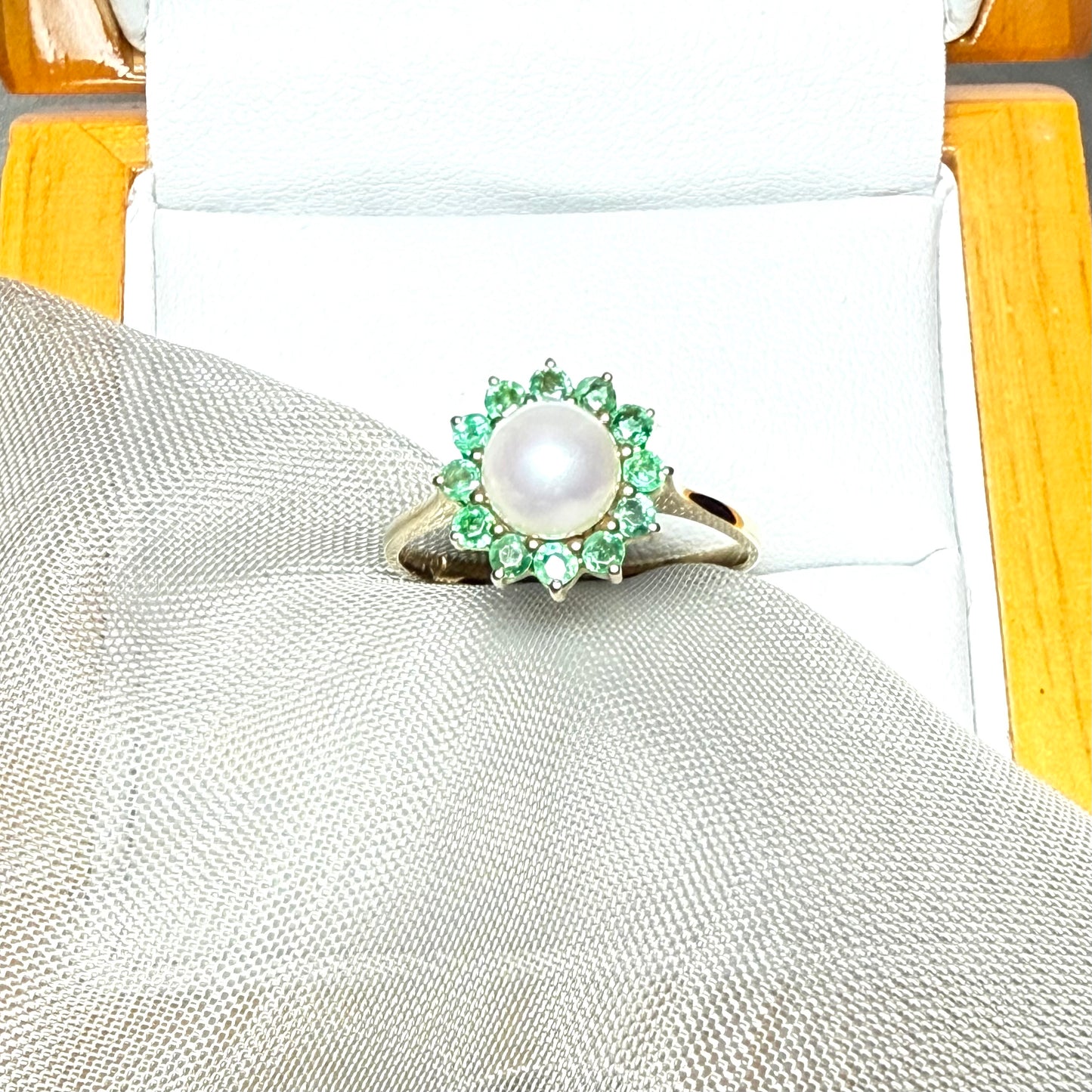 Real cultured pearl and real emerald yellow gold round cluster ring