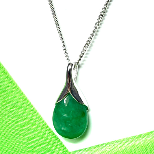Real dark green jade necklace tear drop sterling silver pear shape pendant, including a chain