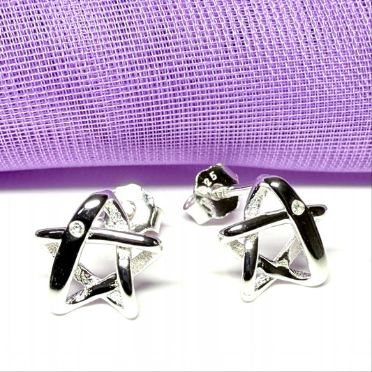 Real diamond set small star shaped open stud earrings sterling silver