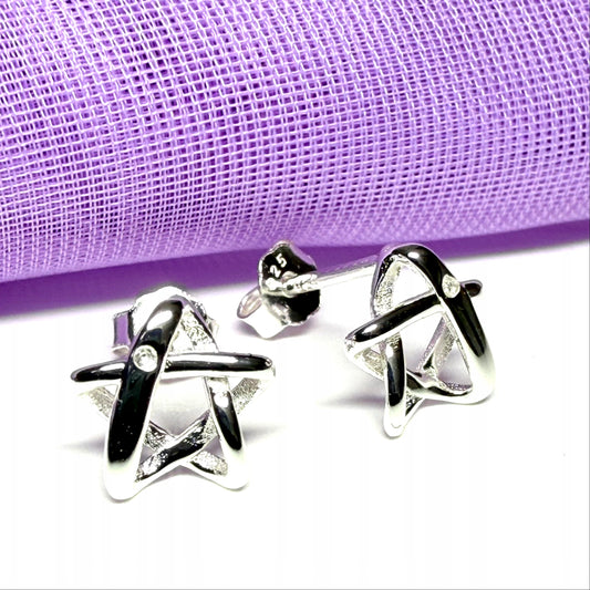 Real diamond set small star shaped open stud earrings sterling silver