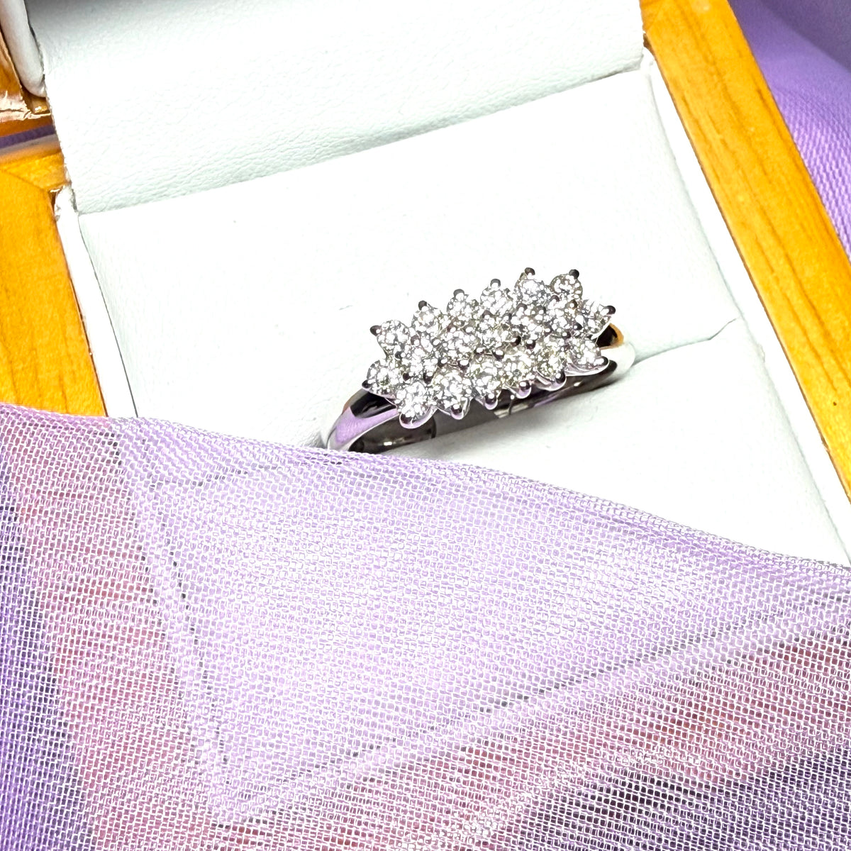 Real diamond three row cluster ring 18 carat white gold 77 points