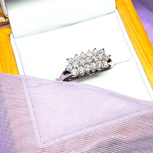 Real diamond three row cluster ring 18 carat white gold 77 points