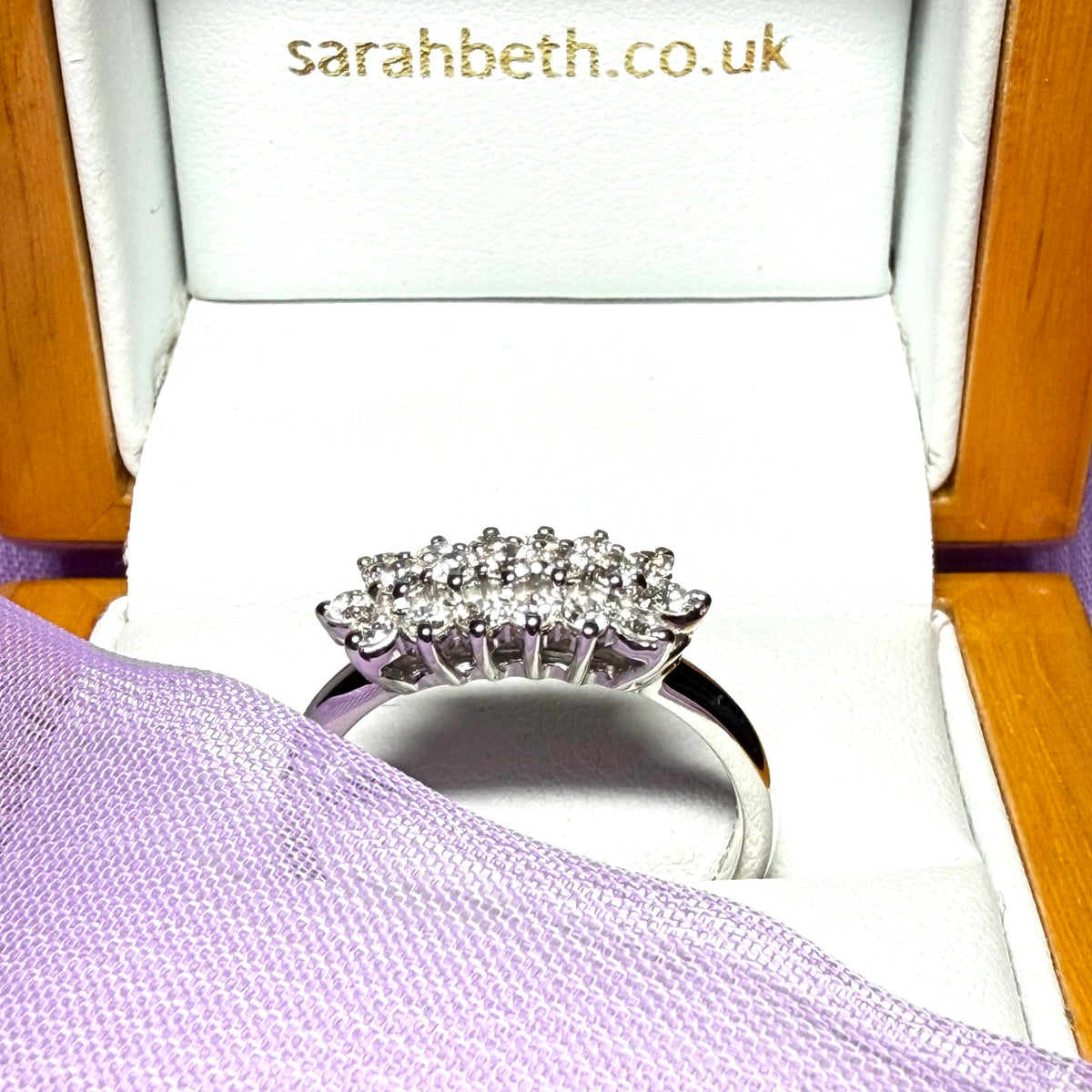 Real diamond three row cluster ring 18 carat white gold 77 points