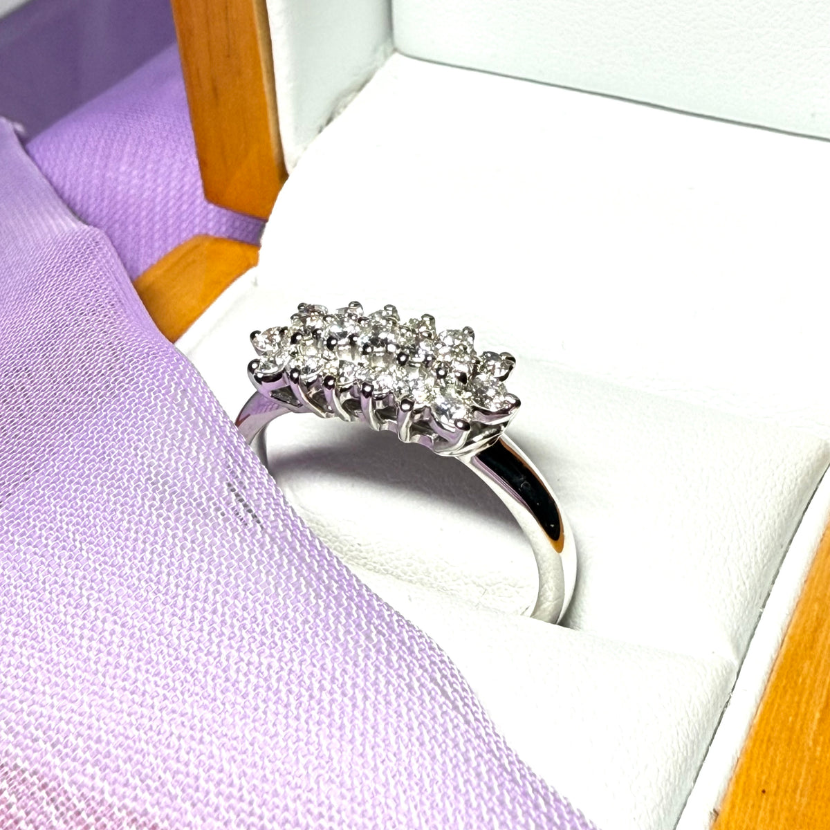 Real diamond three row cluster ring 18 carat white gold 77 points