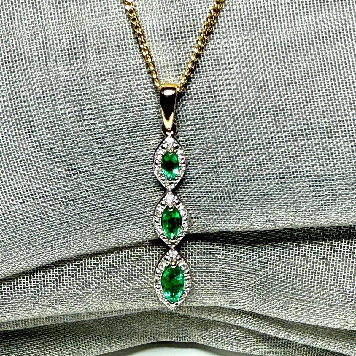 Real emerald and diamond necklace triple trilogy cluster pendant yellow gold