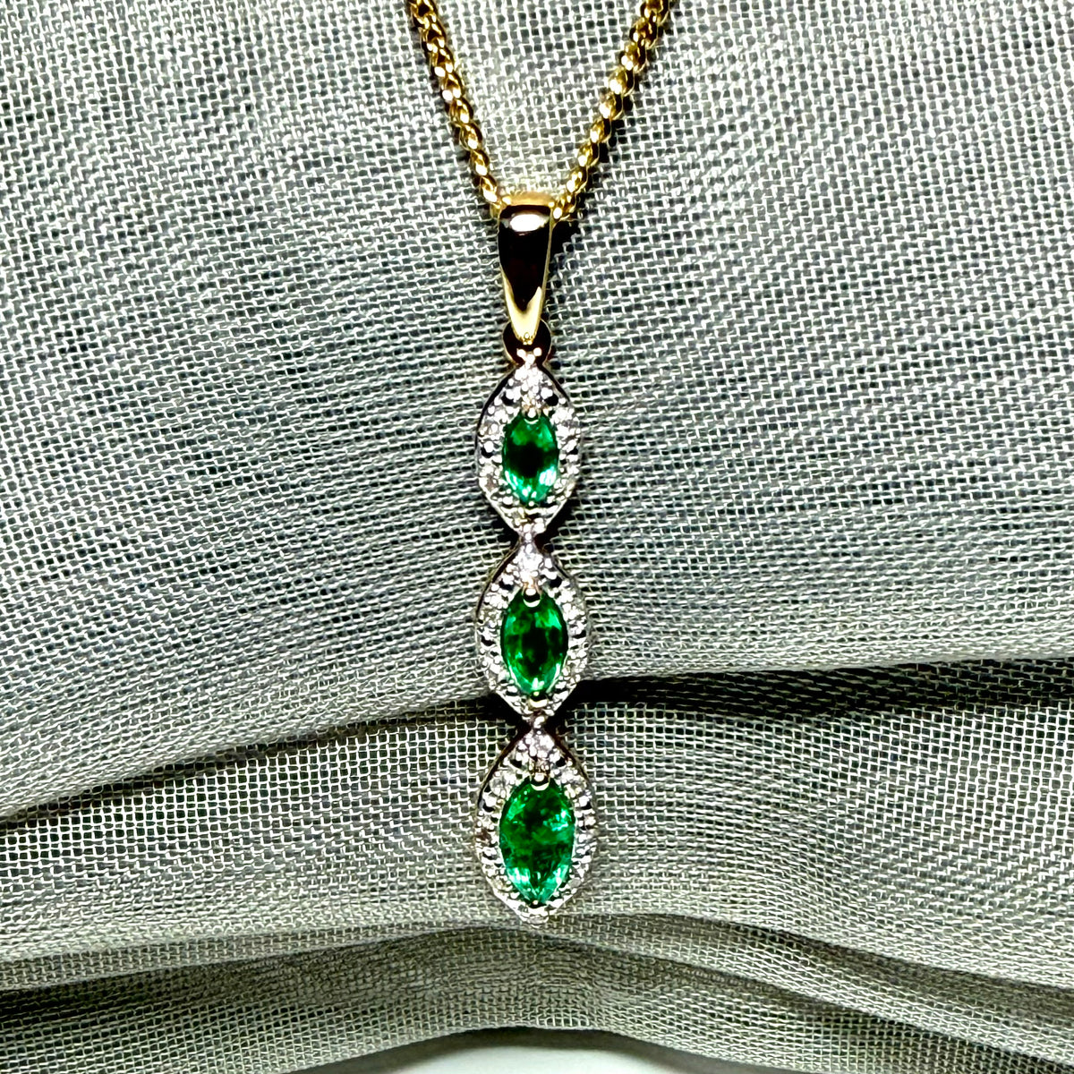 Real emerald and diamond necklace triple trilogy cluster pendant yellow gold
