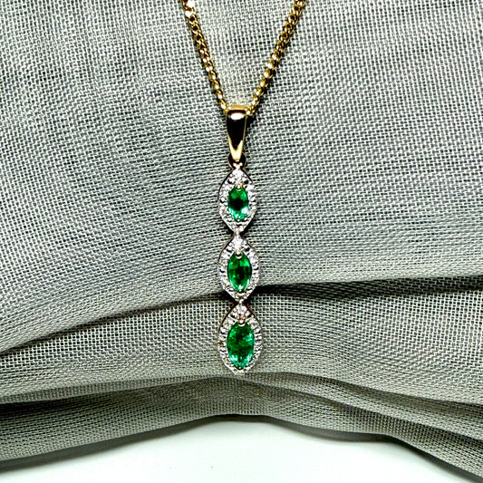 Real emerald and diamond necklace triple trilogy cluster pendant yellow gold
