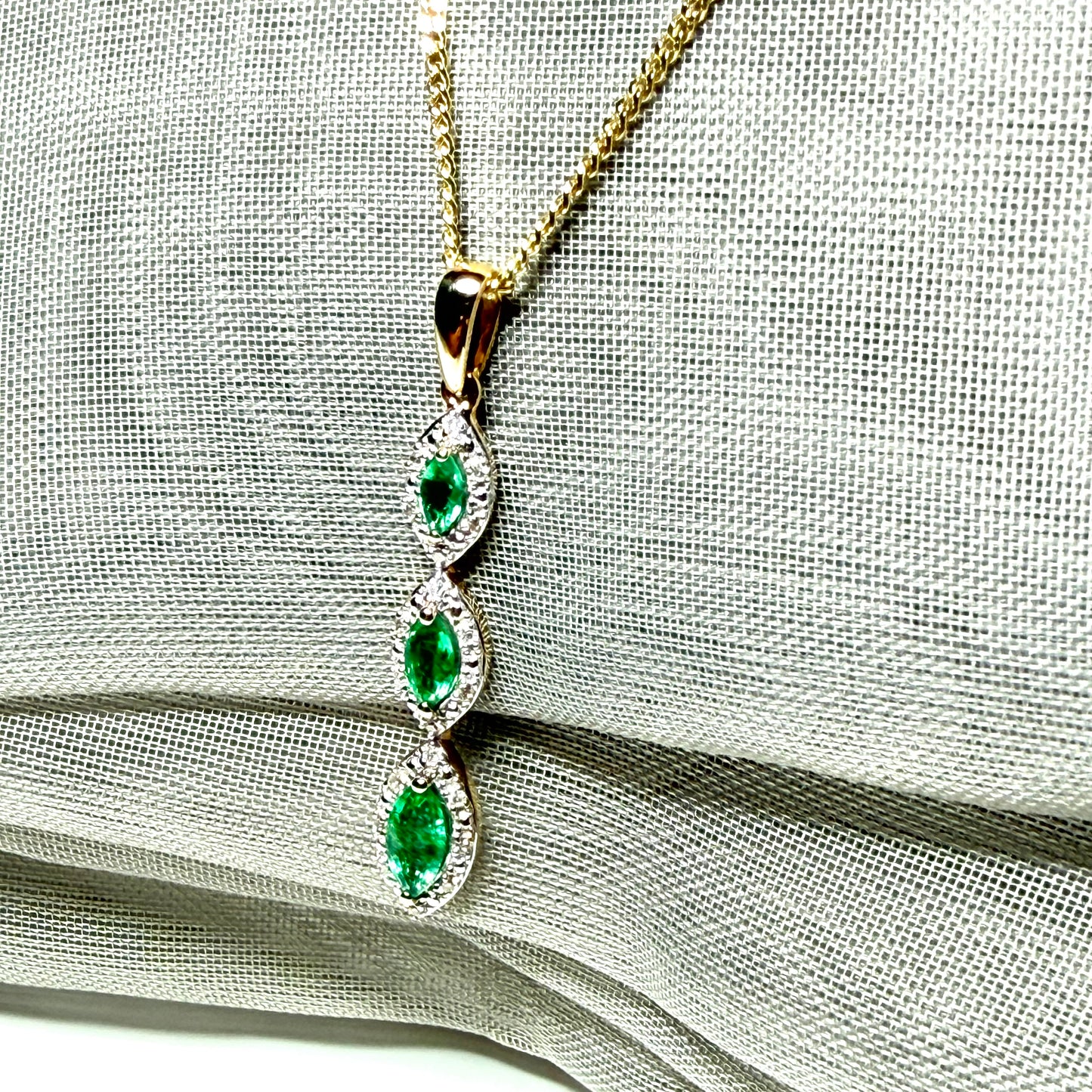 Real emerald and diamond necklace triple trilogy cluster pendant yellow gold