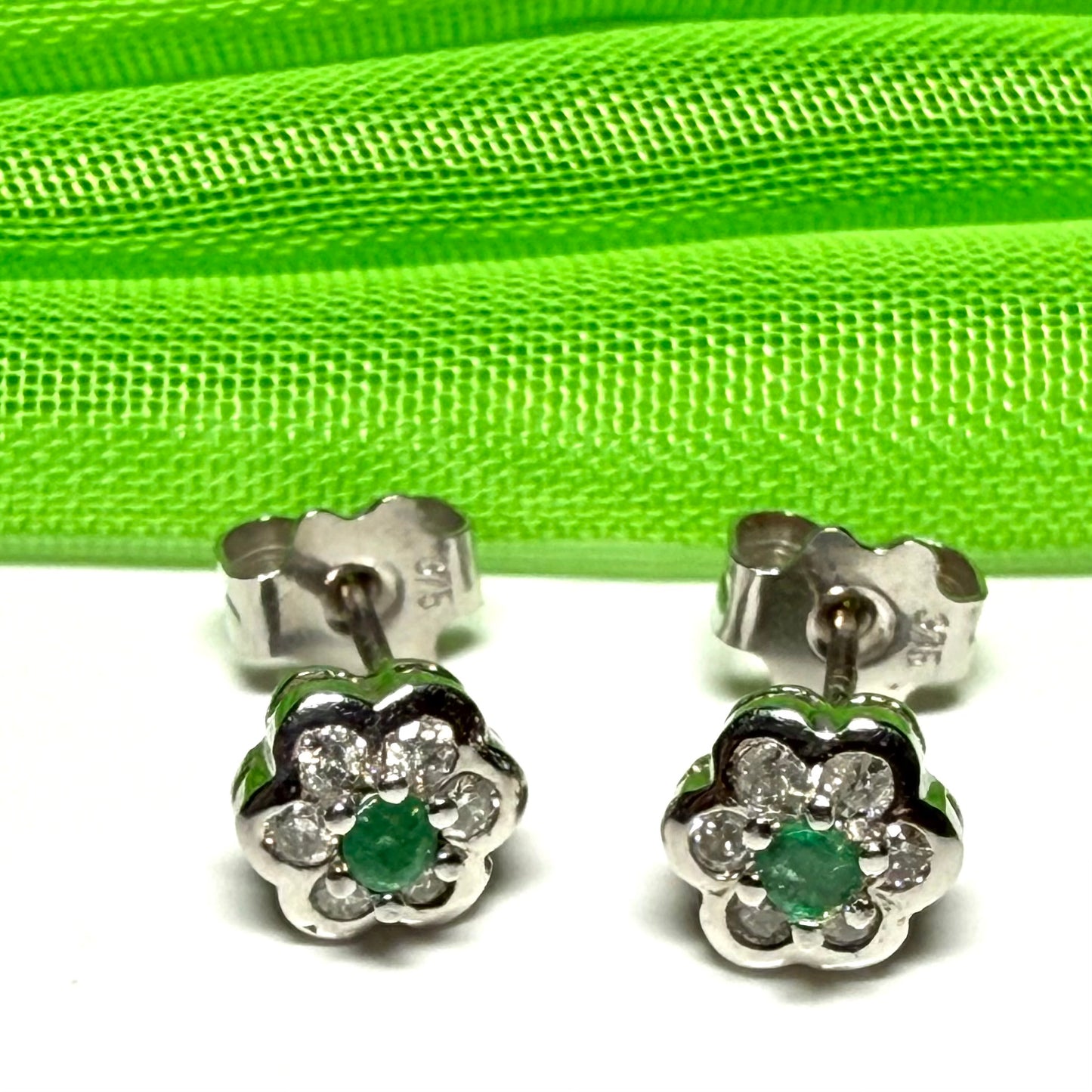 Real emerald and diamond stud earrings white gold round daisy cluster