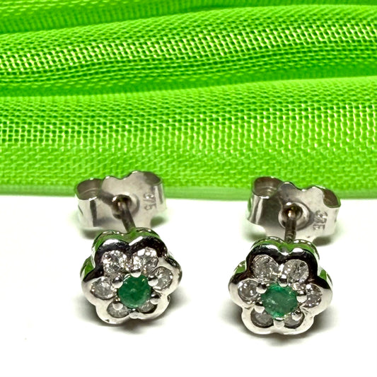 Real emerald and diamond stud earrings white gold round daisy cluster