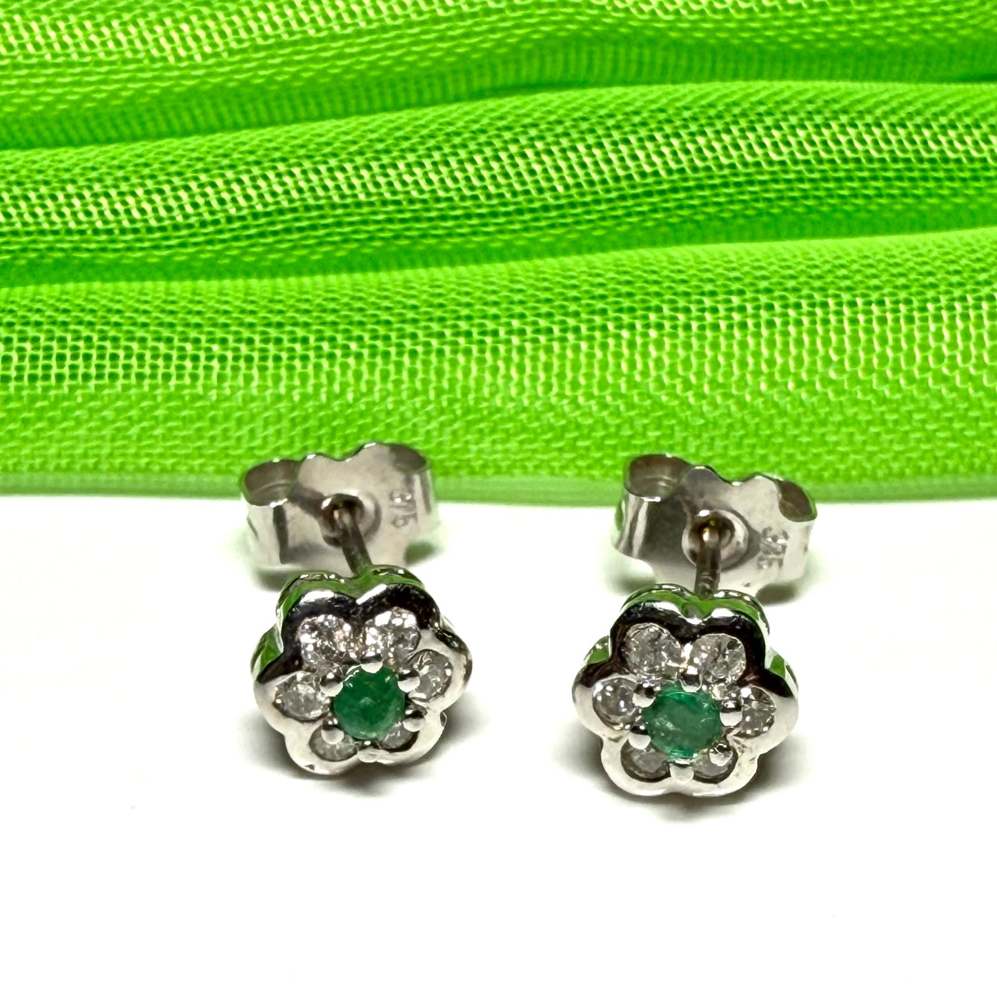 Real emerald and diamond stud earrings white gold round daisy cluster