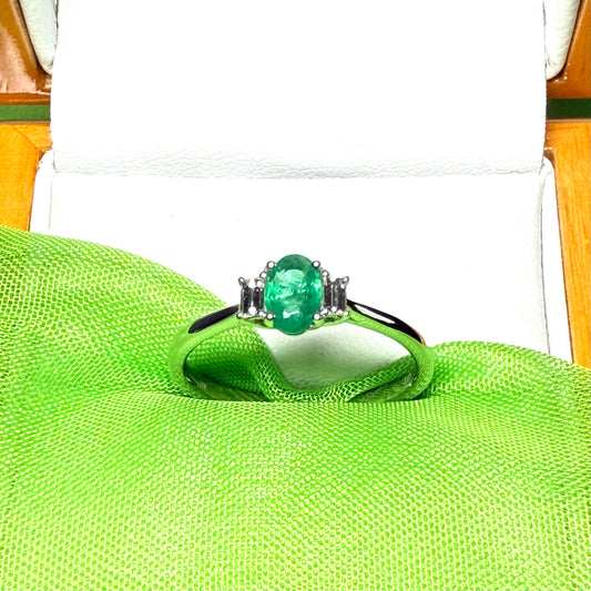 Real emerald and diamond three stone trilogy ring white gold
