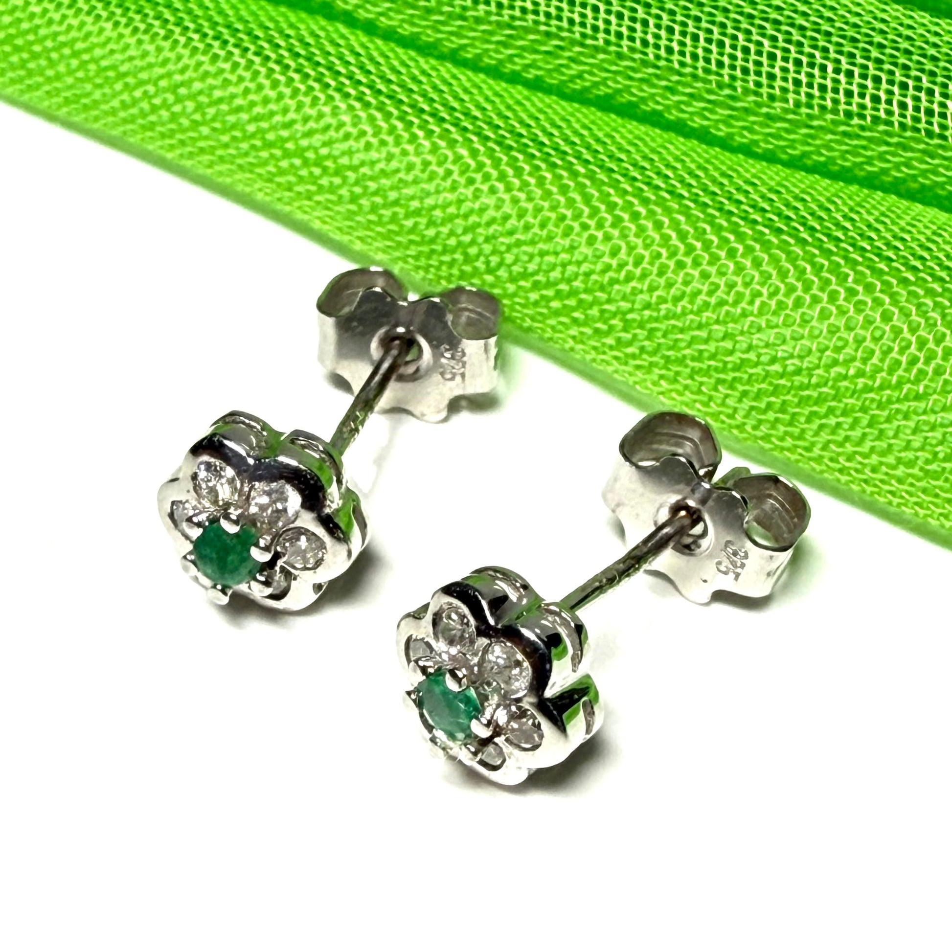 Real emerald and diamond stud earrings white gold round daisy cluster