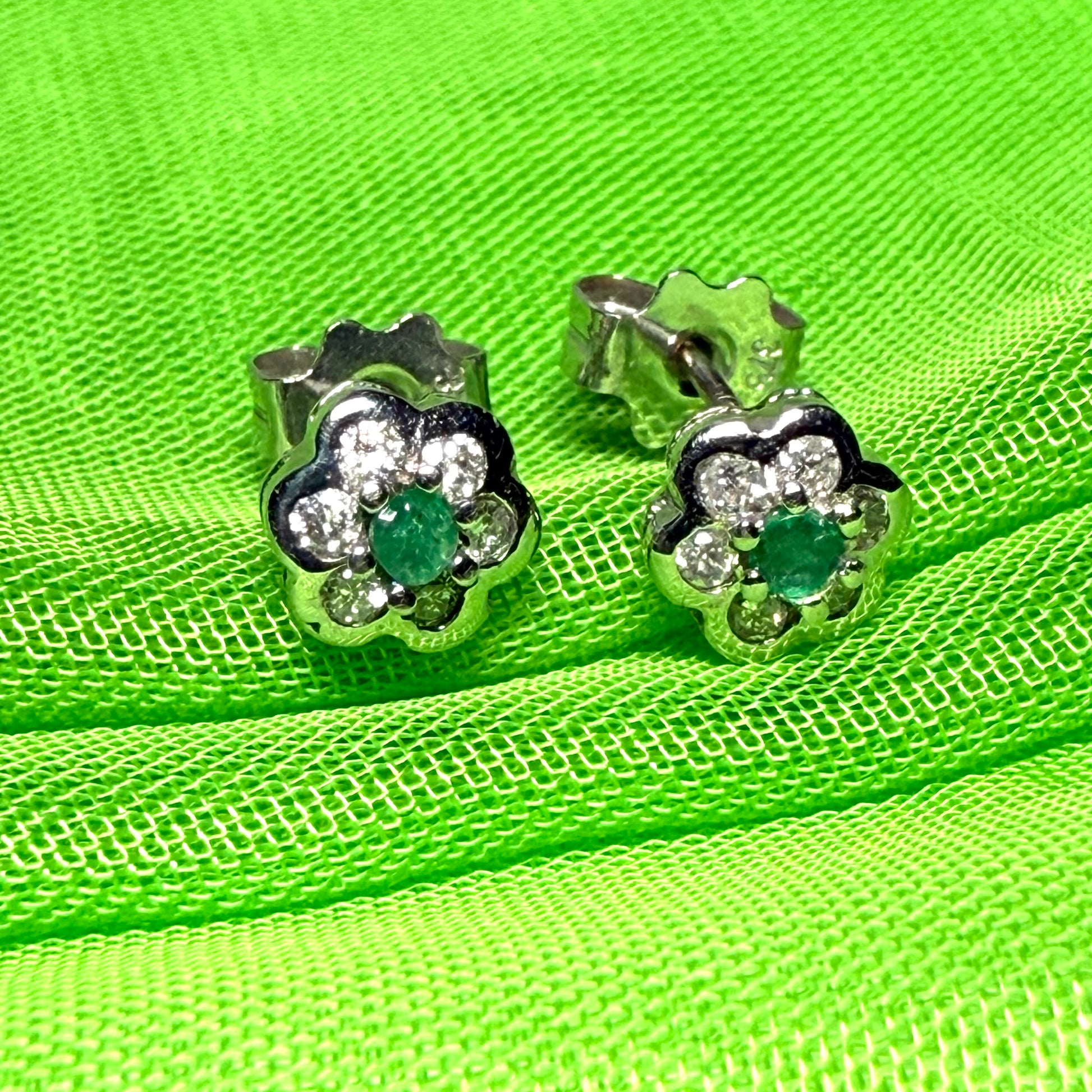 Real emerald and diamond stud earrings white gold round daisy cluster