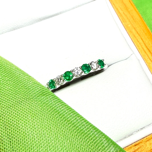 Real emerald diamond white gold eternity ring claw setting seven stone