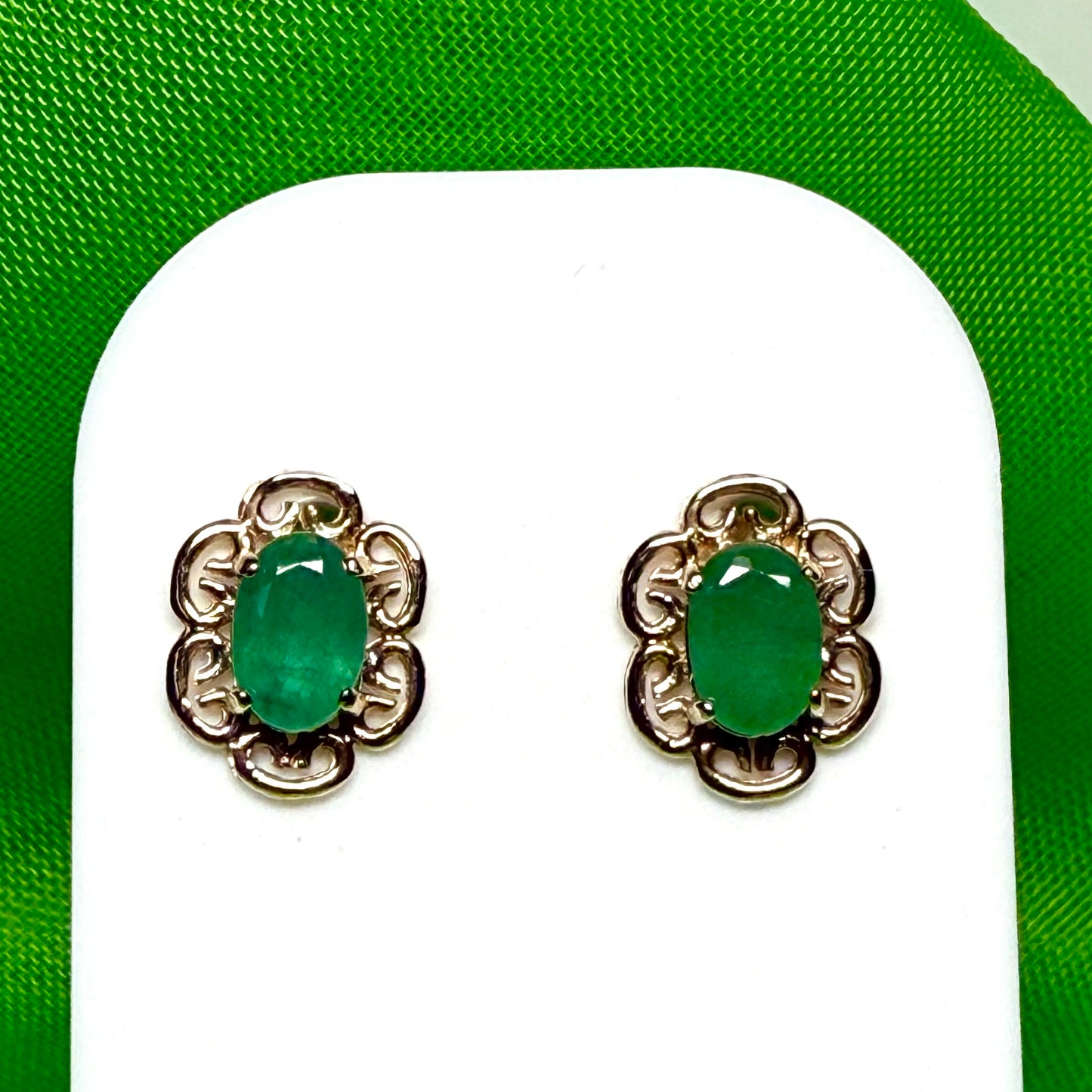 Real emerald earrings oval fancy stud filigree design