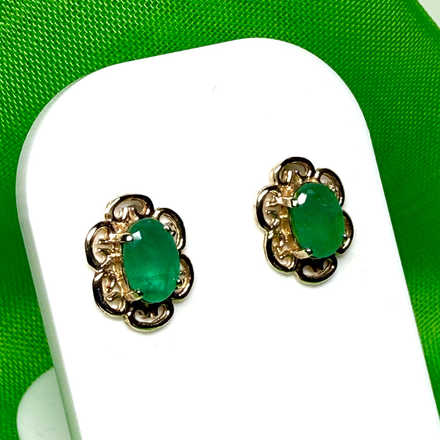 Real emerald earrings oval fancy stud filigree design