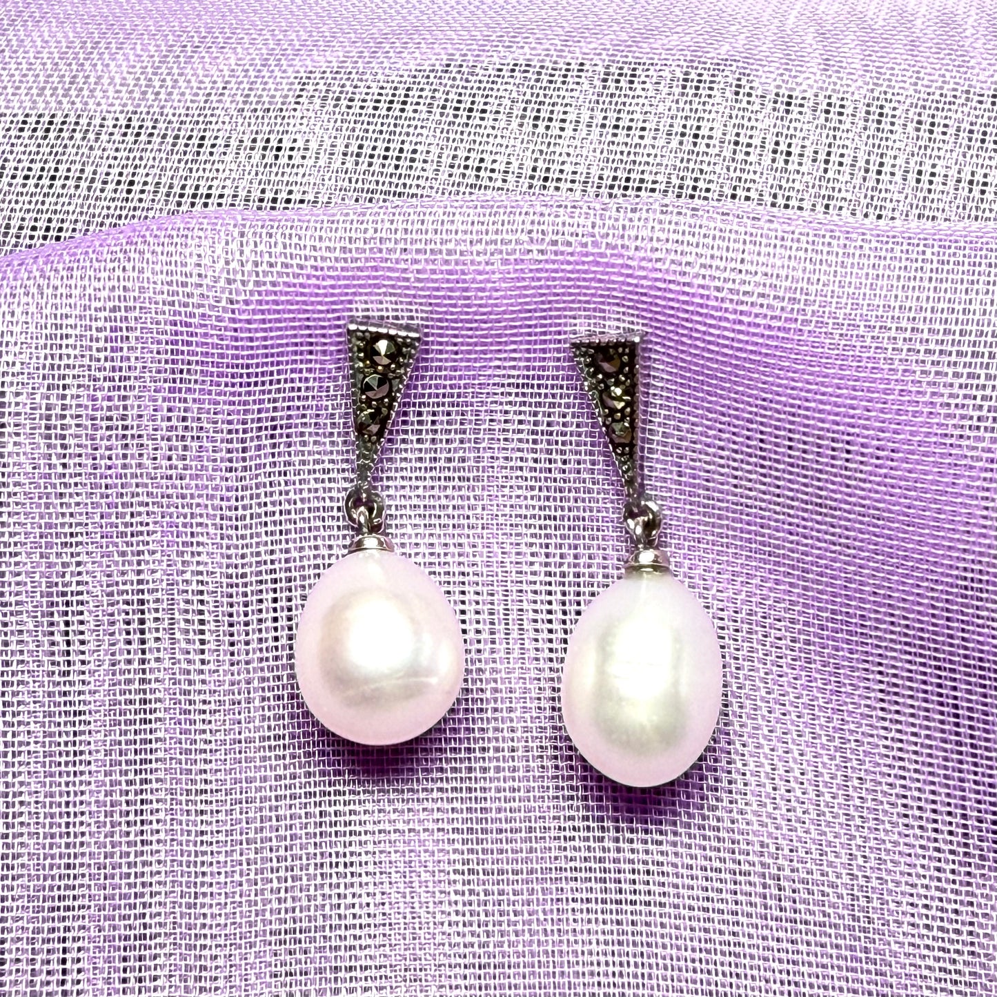 Real freshwater cultured pearl and marcasite drop earrings