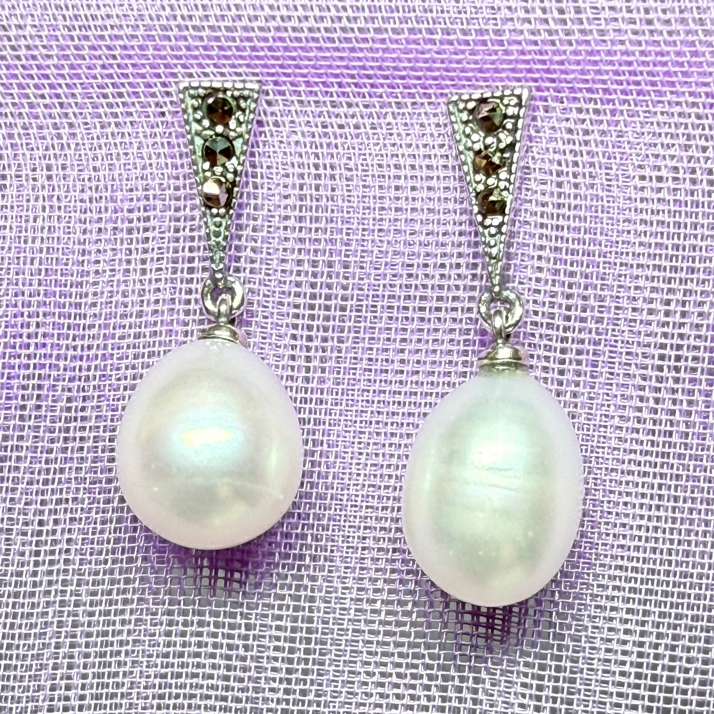 Real freshwater cultured pearl and marcasite drop earrings