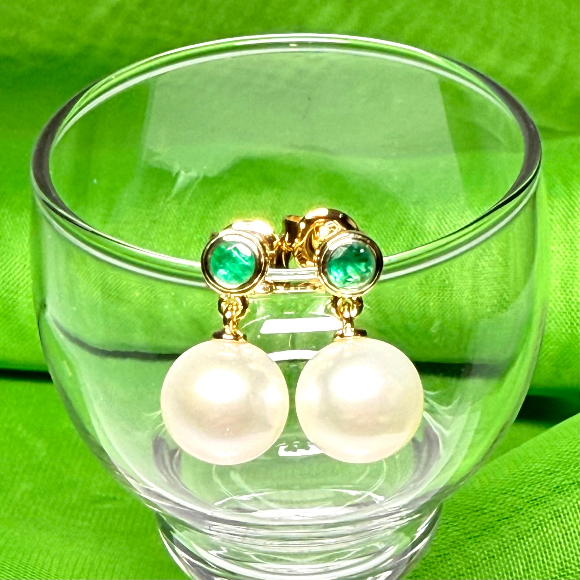 Real freshwater cultured pearl and real emerald round drop earrings sterling silver with yellow gold plating