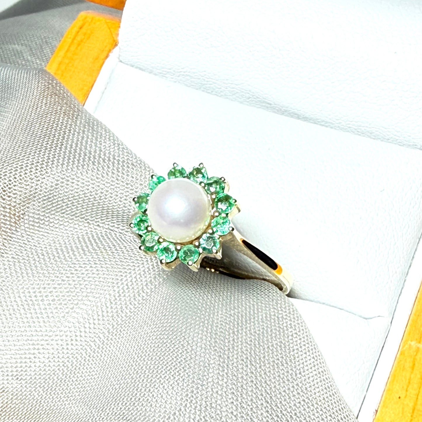 Real cultured pearl and real emerald yellow gold round cluster ring