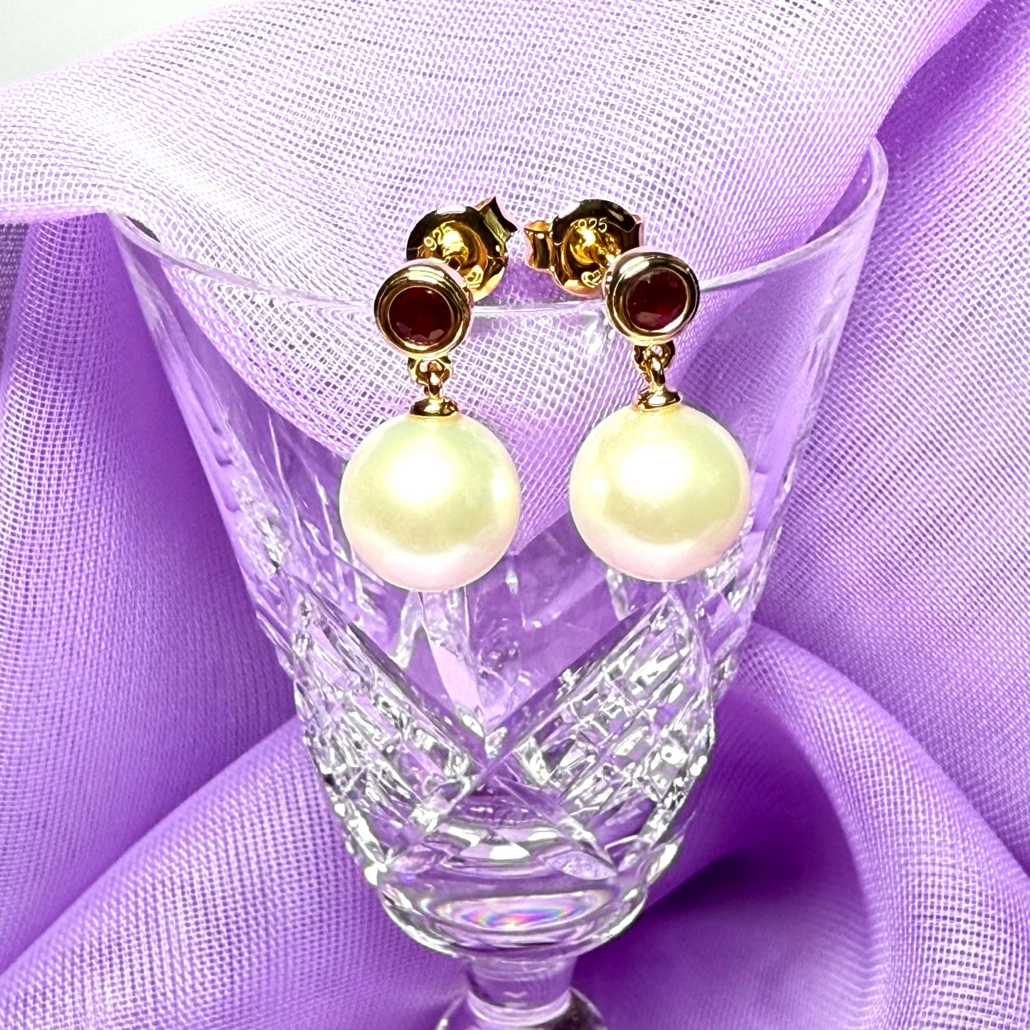Real freshwater cultured pearl and real ruby round drop earrings sterling silver with yellow gold plating