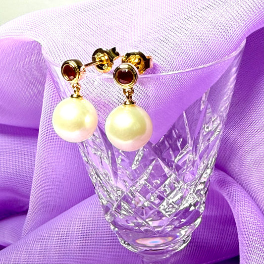 Real freshwater cultured pearl and real ruby round drop earrings sterling silver with yellow gold plating