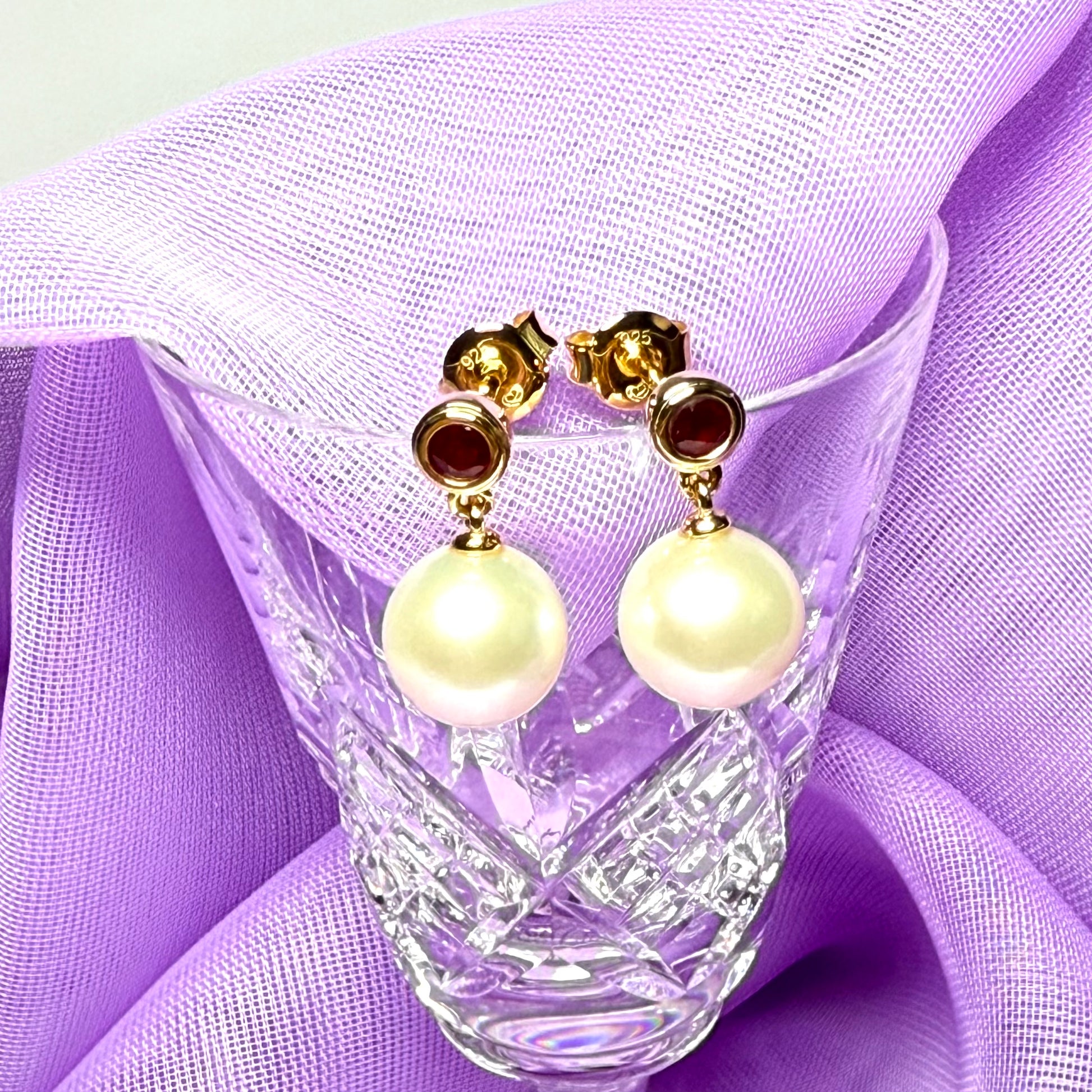 Real freshwater cultured pearl and real ruby round drop earrings sterling silver with yellow gold plating