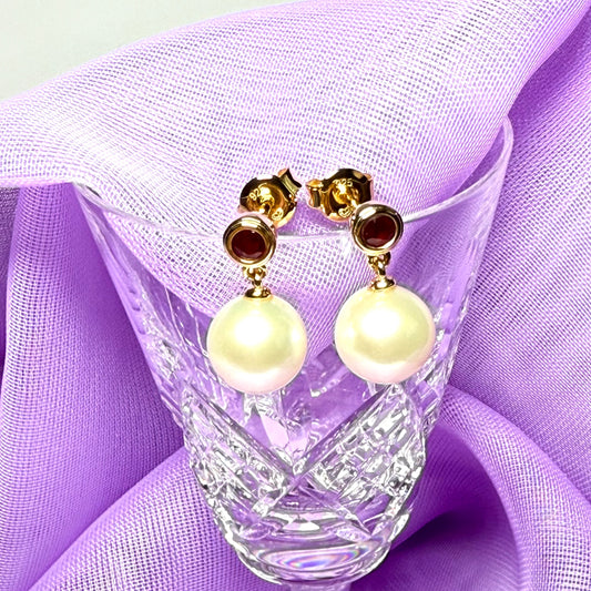 Real freshwater cultured pearl and real ruby round drop earrings sterling silver with yellow gold plating