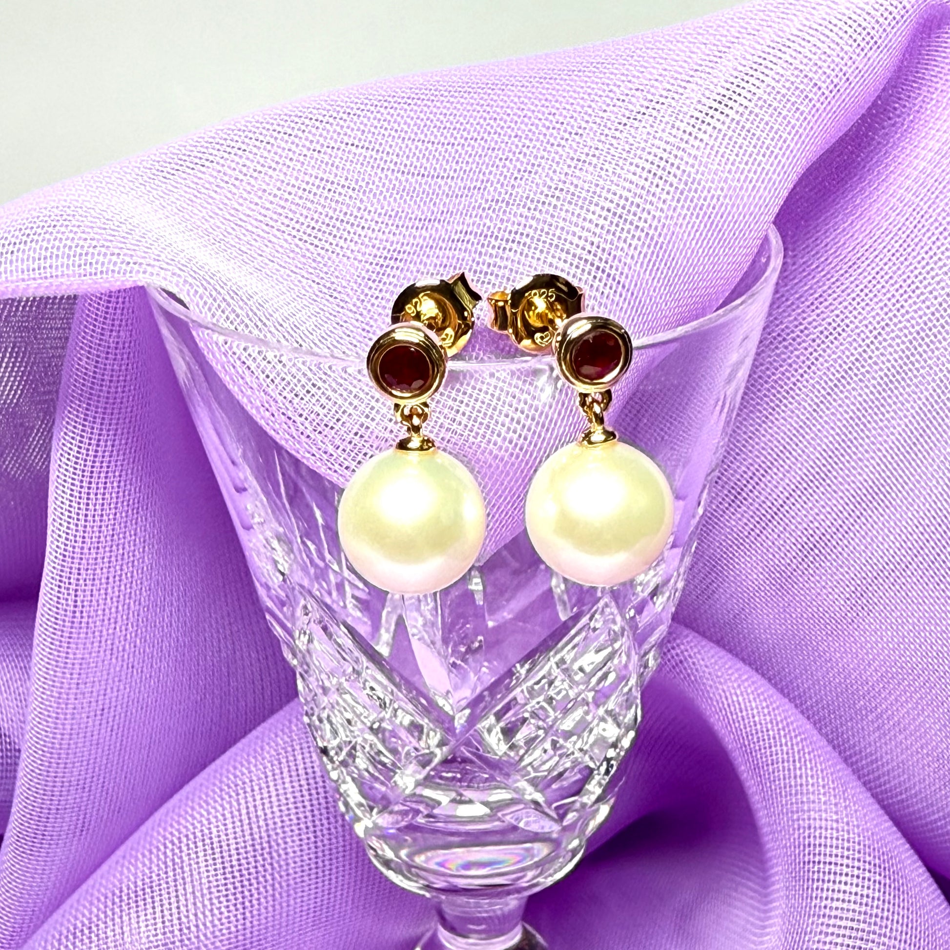 Real freshwater cultured pearl and real ruby round drop earrings sterling silver with yellow gold plating