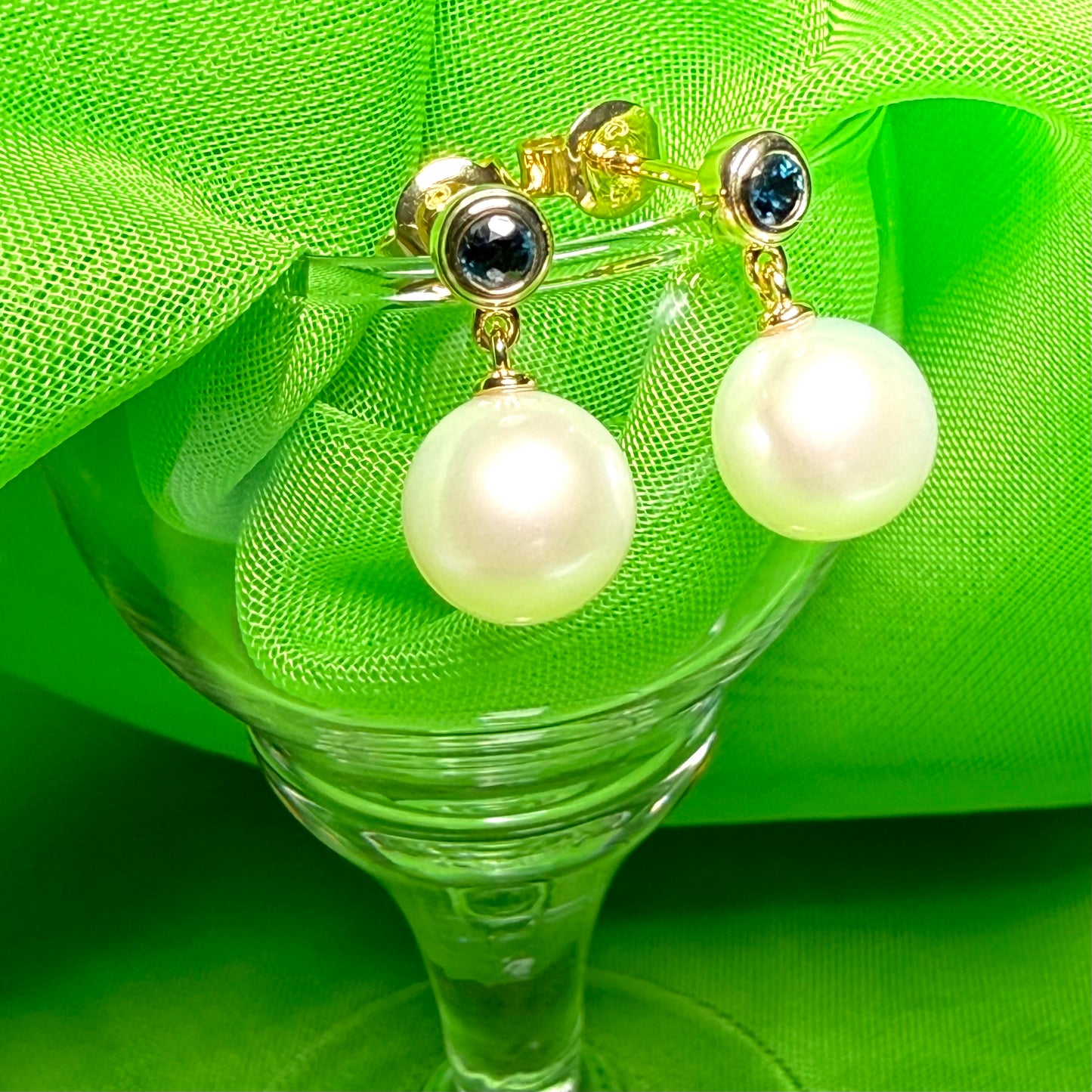 Real freshwater cultured pearl and real sapphire round drop earrings sterling silver with yellow gold plating