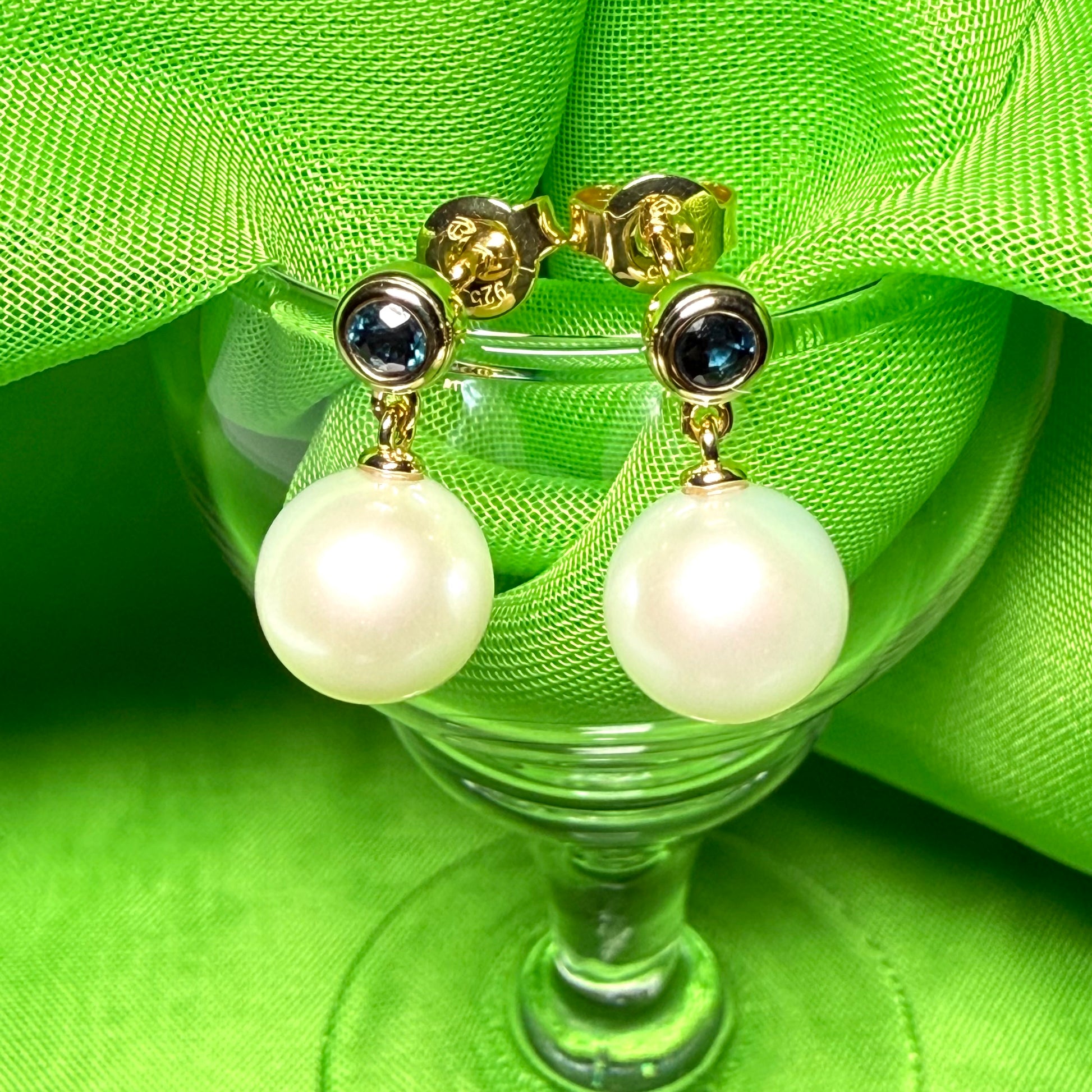 Real freshwater cultured pearl and real sapphire round drop earrings sterling silver with yellow gold plating