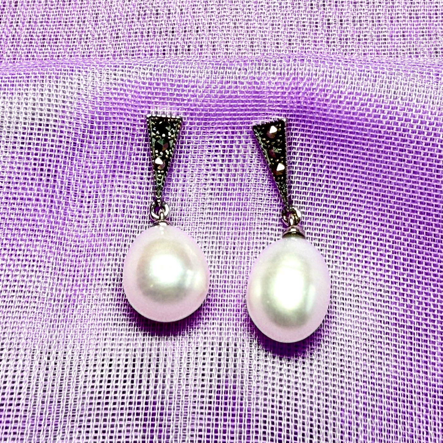 Real freshwater cultured pearl and marcasite drop earrings