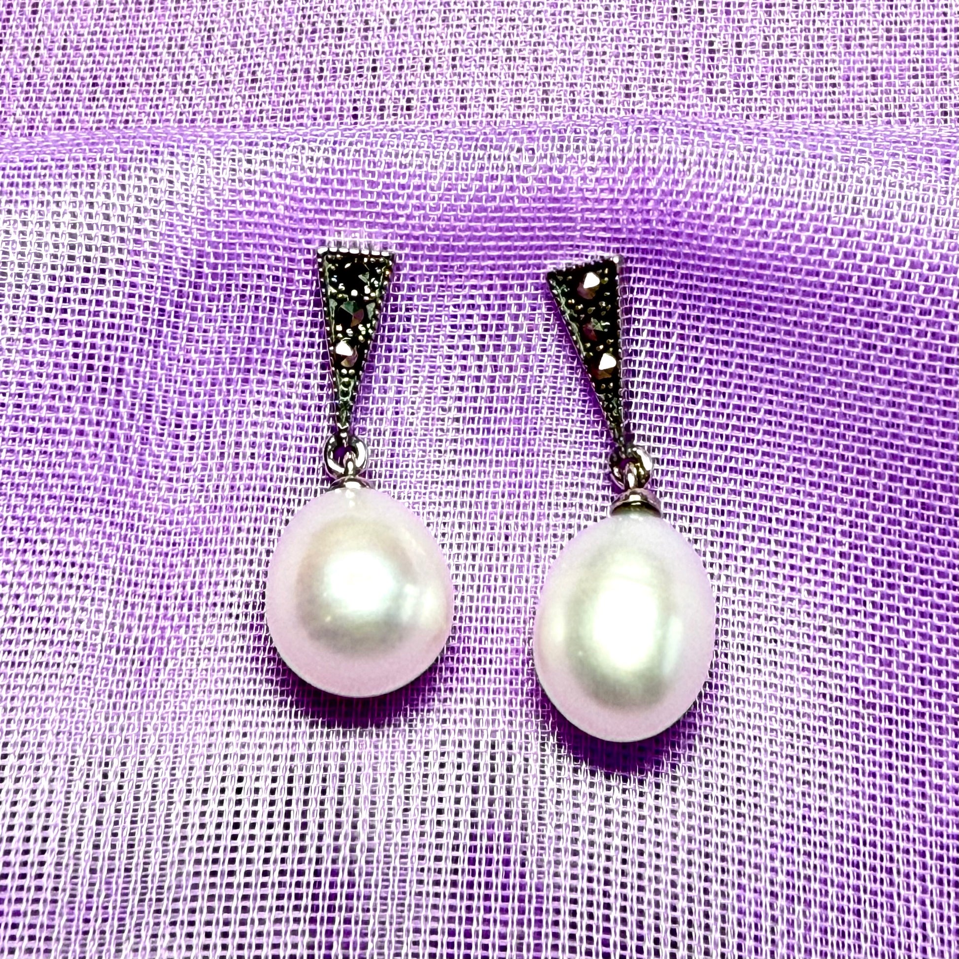 Real freshwater cultured pearl and marcasite drop earrings