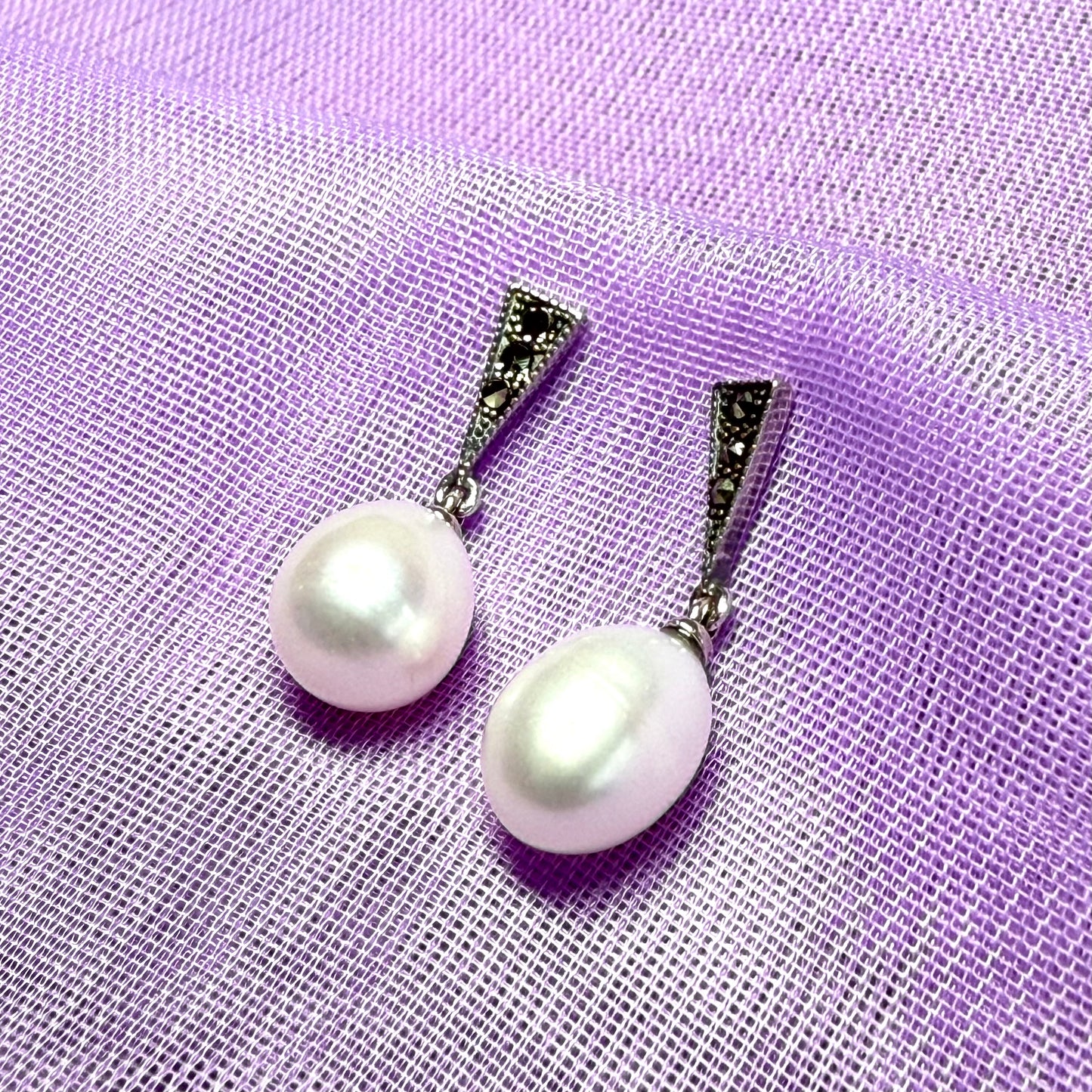 Real freshwater cultured pearl and marcasite drop earrings