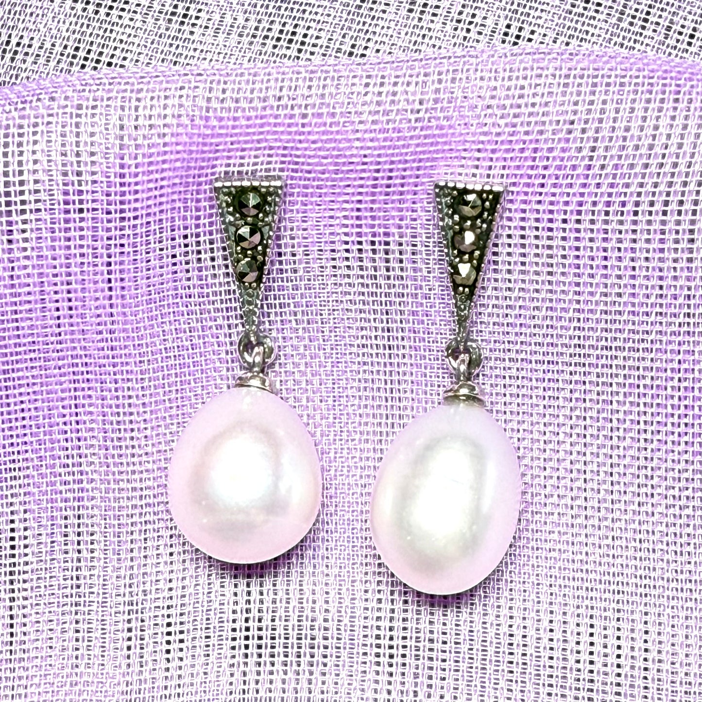 Real freshwater cultured pearl and marcasite drop earrings