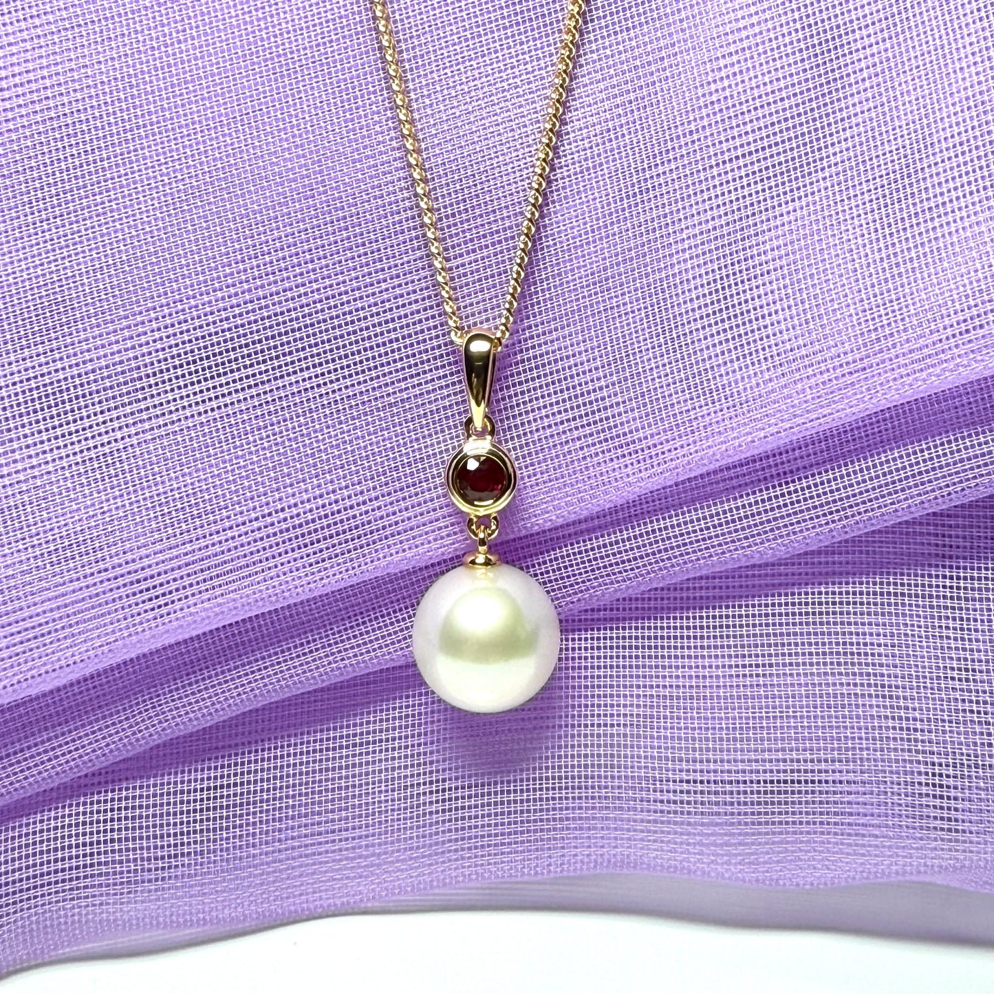 Real freshwater cultured pearl necklace and real ruby round drop pendant sterling silver with yellow gold plated