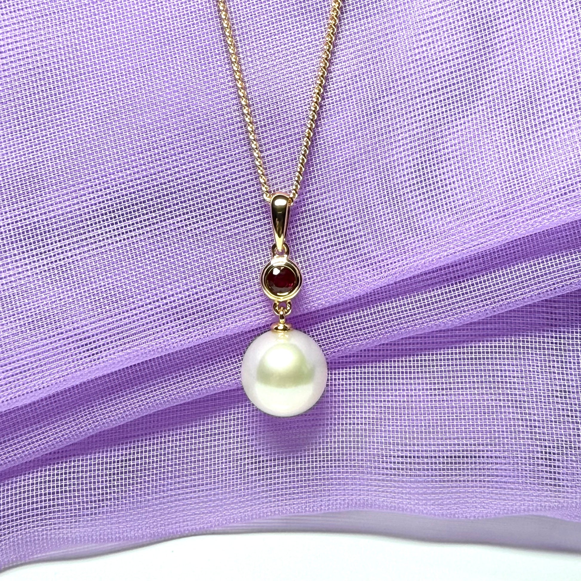 Real freshwater cultured pearl necklace and real ruby round drop pendant sterling silver with yellow gold plated