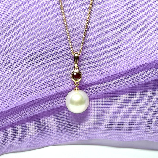 Real freshwater cultured pearl necklace and real ruby round drop pendant sterling silver with yellow gold plated