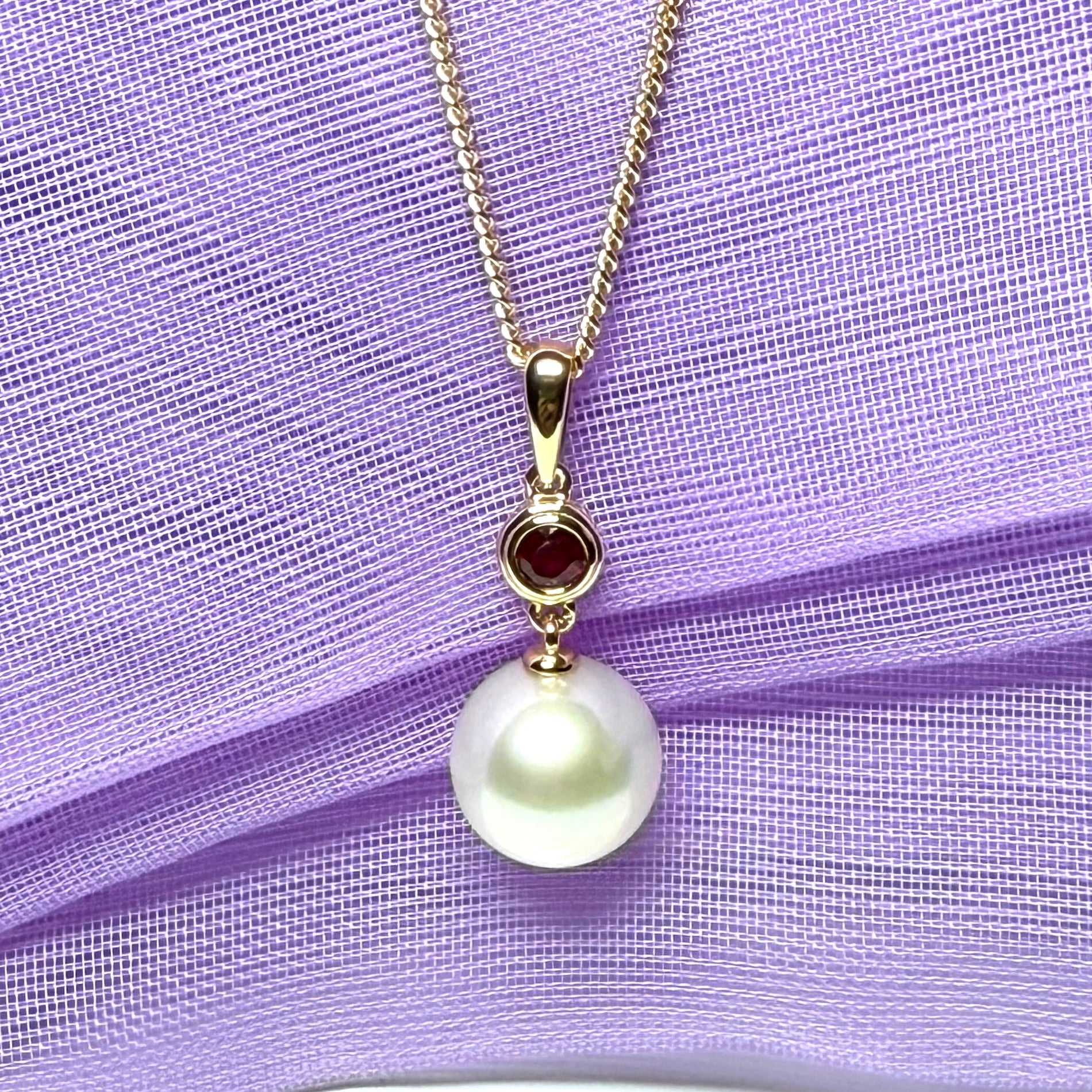 Real freshwater cultured pearl necklace and real ruby round drop pendant sterling silver with yellow gold plated