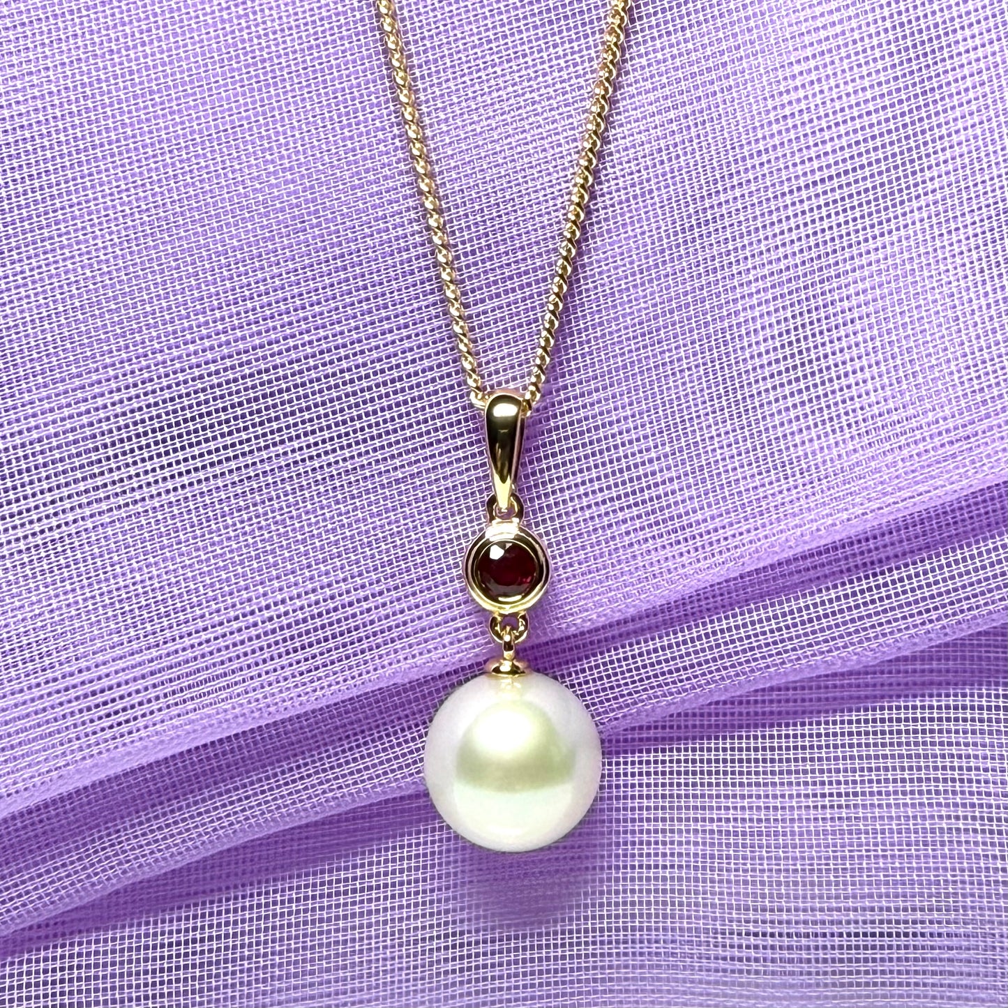 Real freshwater cultured pearl necklace and real ruby round drop pendant sterling silver with yellow gold plated