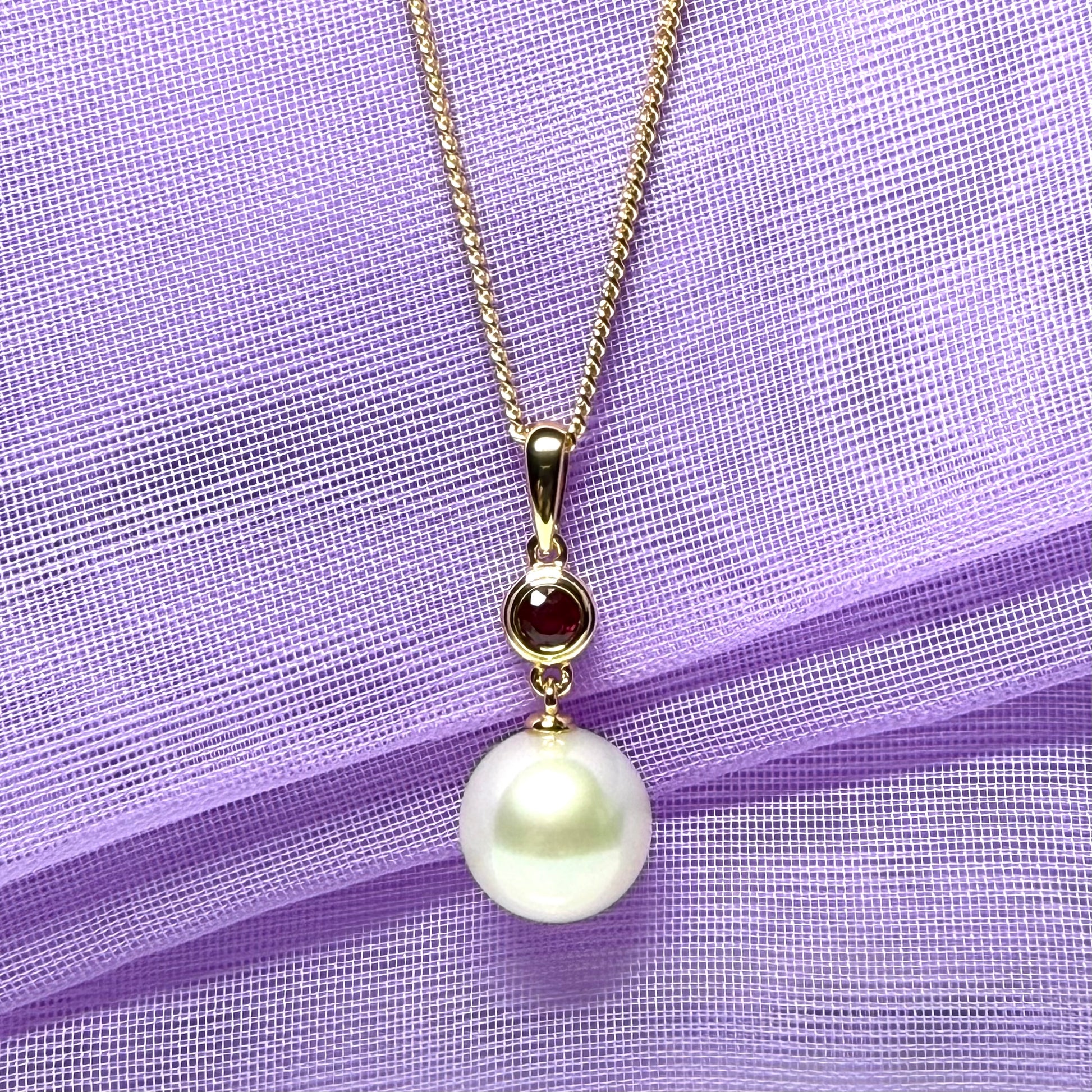 Real freshwater cultured pearl necklace and real ruby round drop pendant sterling silver with yellow gold plated