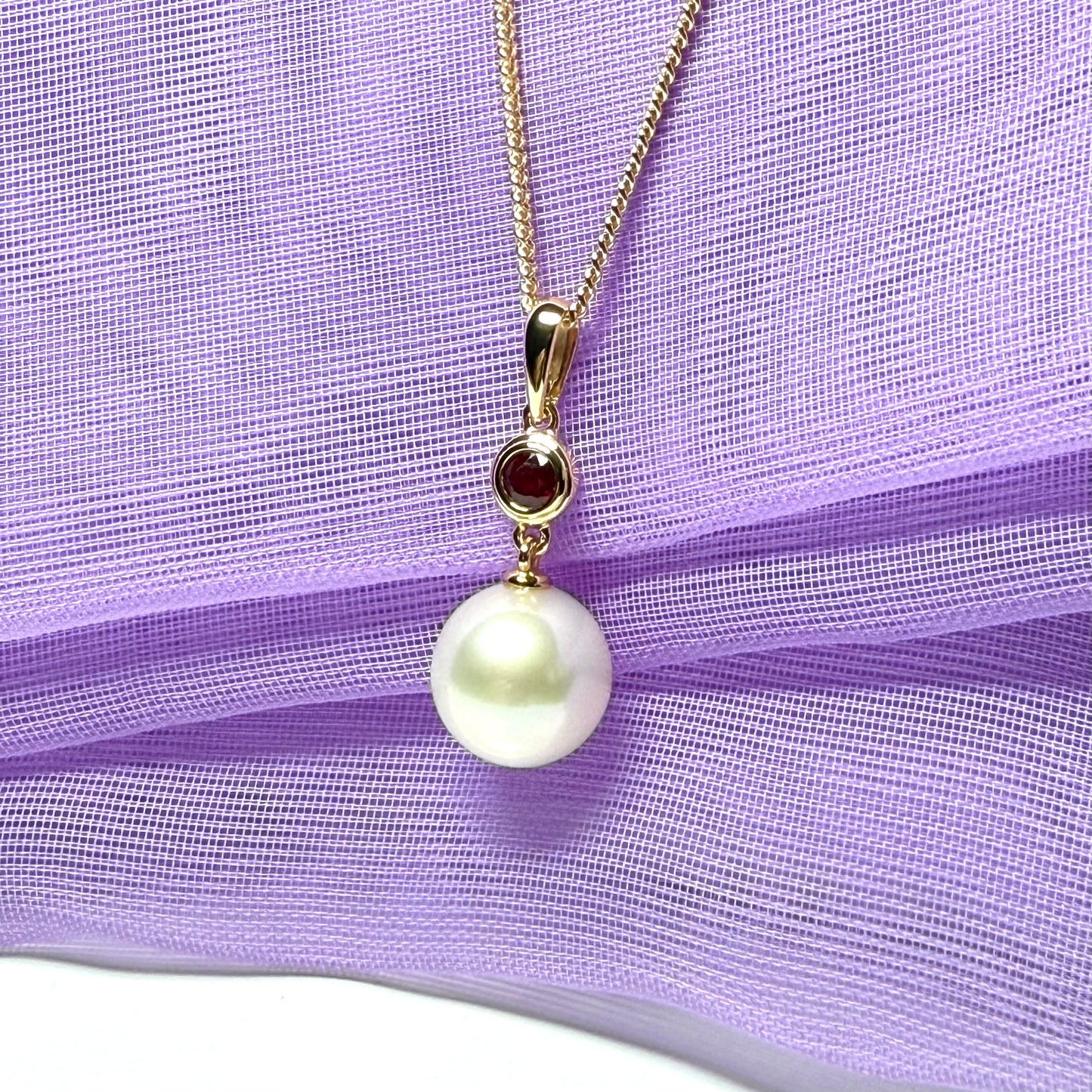 Real freshwater cultured pearl necklace and real ruby round drop pendant sterling silver with yellow gold plated