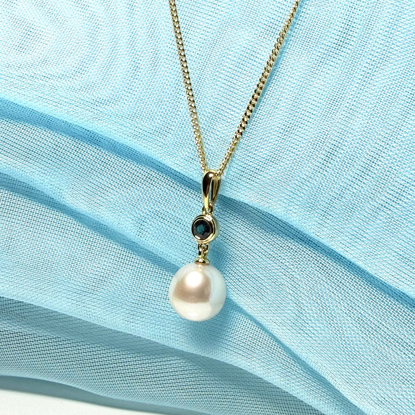 Real freshwater cultured pearl necklace and real sapphire round drop pendant sterling silver with yellow gold plating