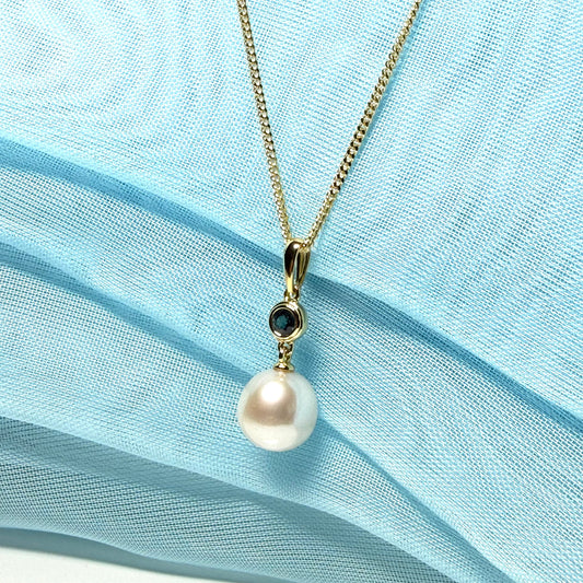 Real freshwater cultured pearl necklace and real sapphire round drop pendant sterling silver with yellow gold plating