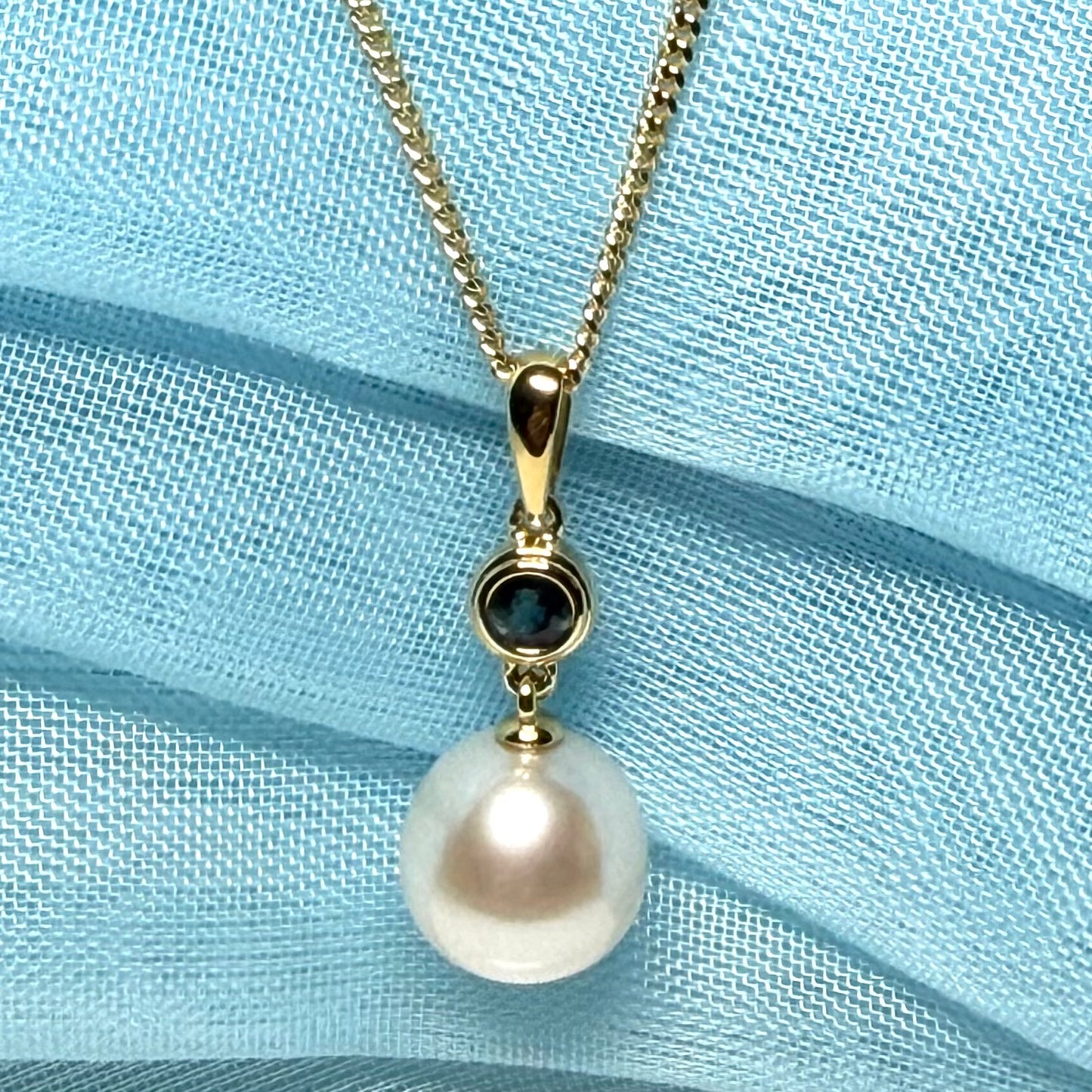 Real freshwater cultured pearl necklace and real sapphire round drop pendant sterling silver with yellow gold plating