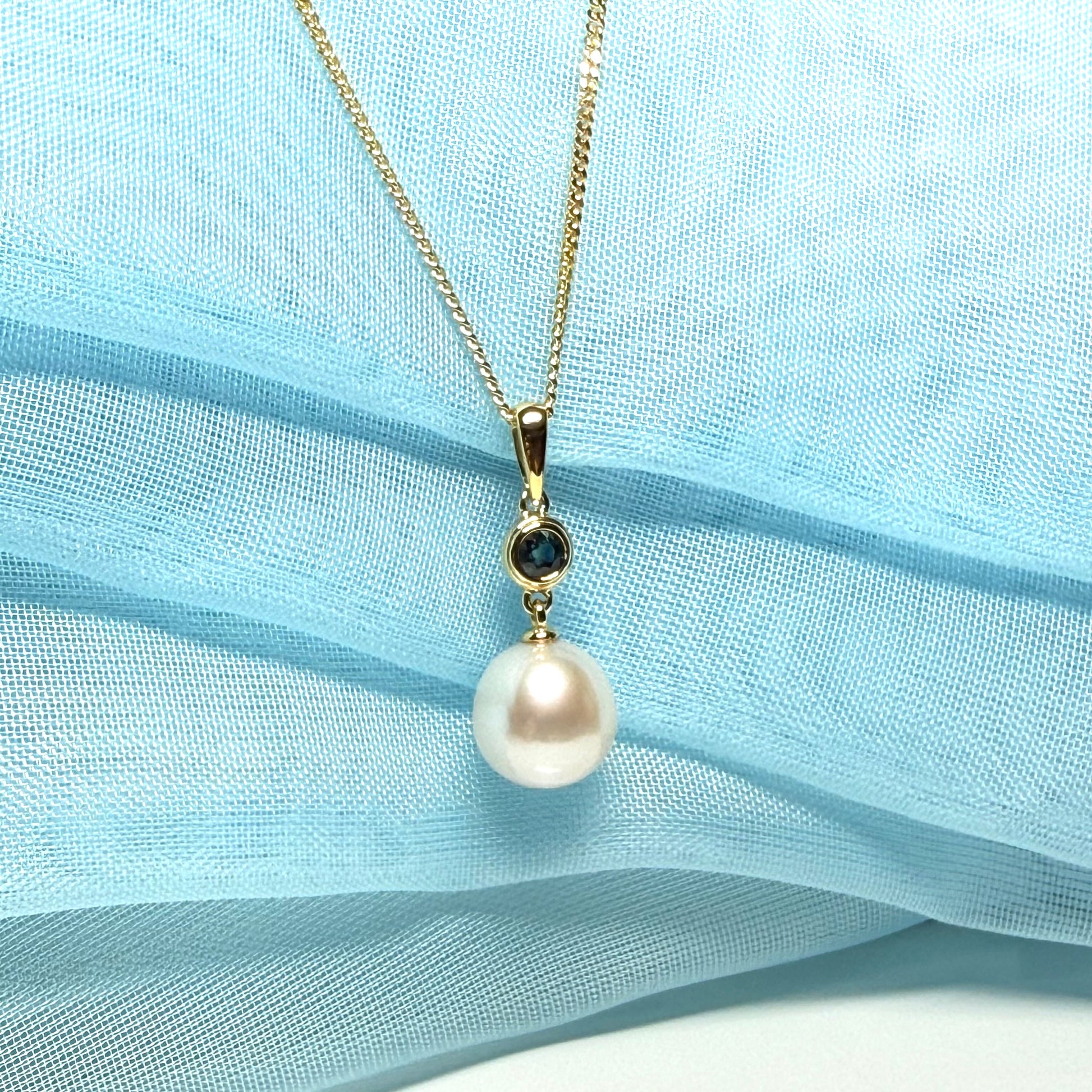 Real freshwater cultured pearl necklace and real sapphire round drop pendant sterling silver with yellow gold plating