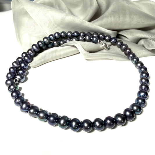 Real freshwater cultured pearl single row necklace black grey uniform 7 mm round pearls