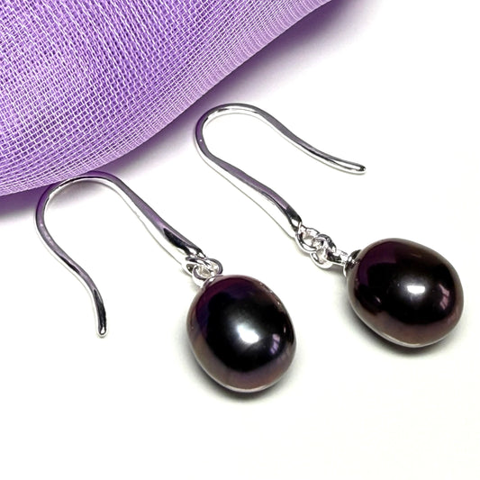 Real freshwater grey black pearl dropped earrings sterling silver